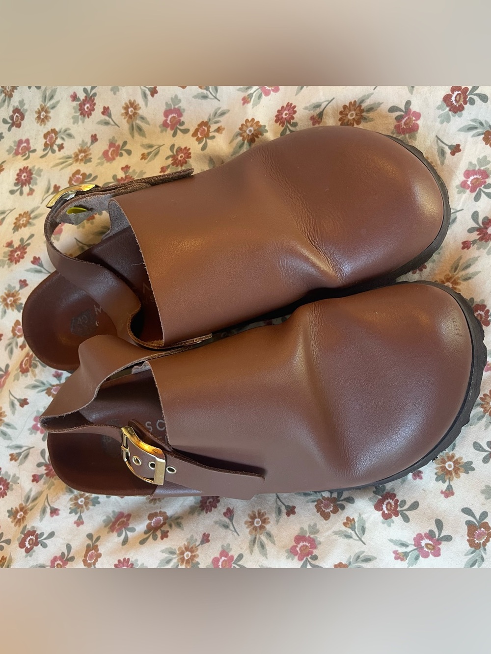 Brown Leather Slip-On Clog with Buckle